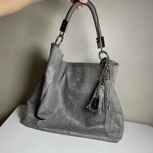 ANNA MORELLINI Italian Snake Bag Leather Shoulder Tote Gray Silver Hobo Large